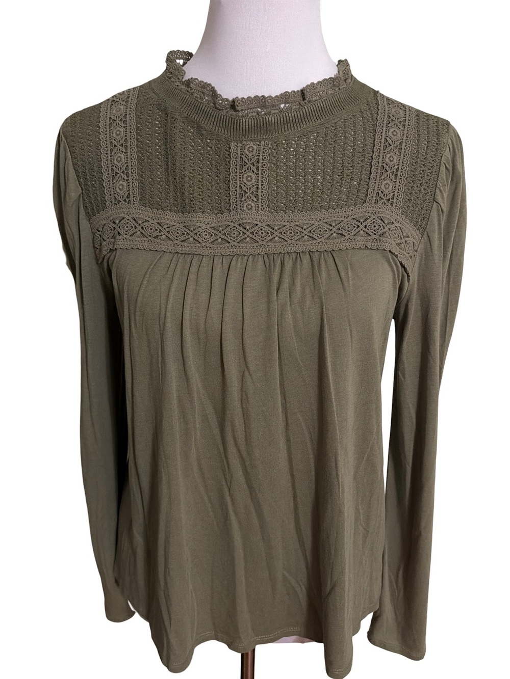 LOFT Olive Green Lace Yoke Long Sleeve Blouse